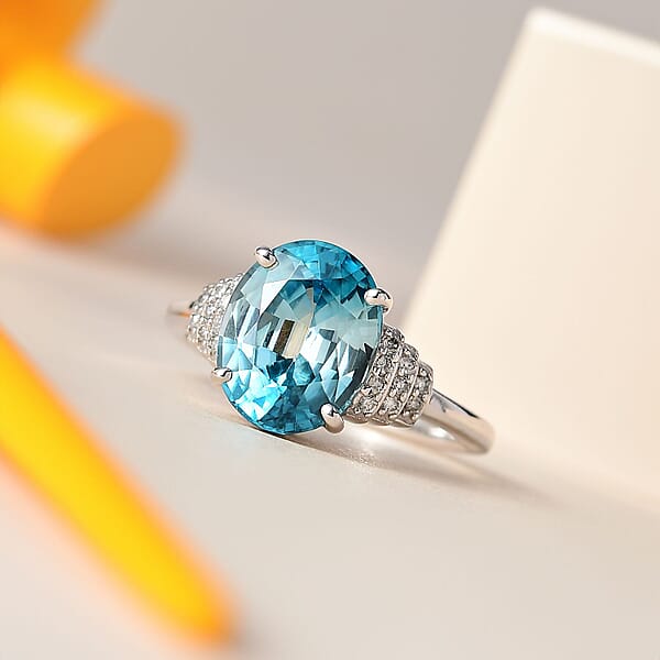 Luxoro AAA Cambodian Blue Zircon And G-H I2 Diamond 5.60 Ctw Ring In 14K White Gold