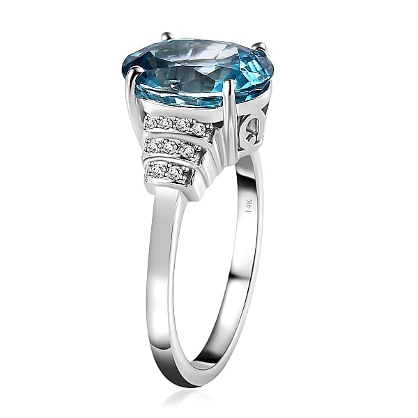 Luxoro AAA Cambodian Blue Zircon And G-H I2 Diamond 5.60 Ctw Ring In 14K White Gold