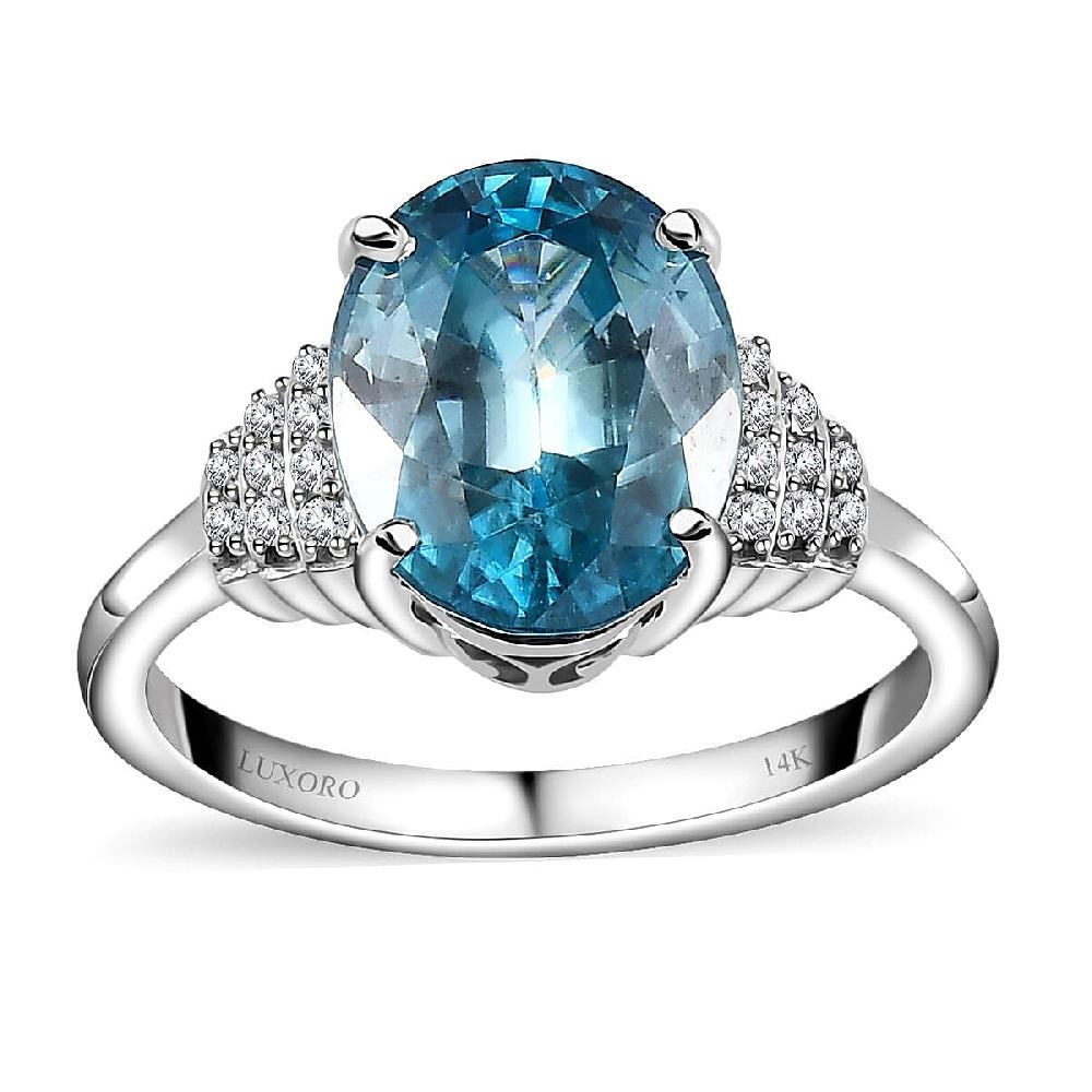 Luxoro AAA Cambodian Blue Zircon and G-H I2 Diamond 5.60 ctw Ring in 14K White Gold