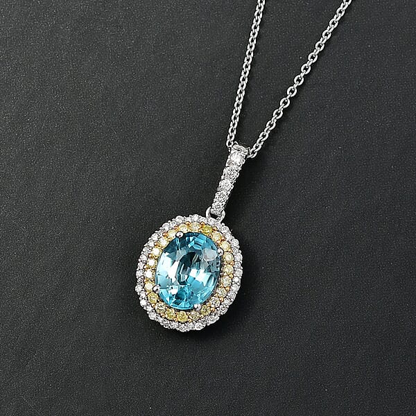 Luxoro AAA Cambodian Blue Zircon Natural Yellow And White Diamond I2 3.65 Ctw Sunlit Ocean Ring In 10K White Gold