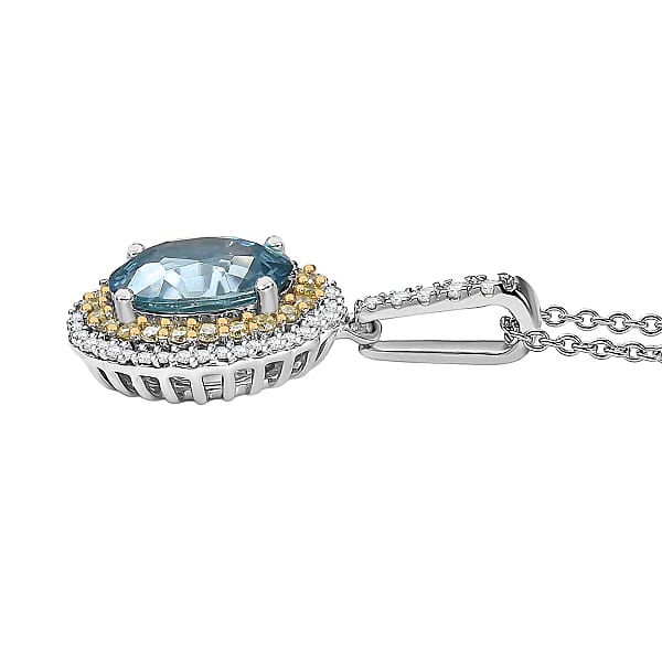 Luxoro AAA Cambodian Blue Zircon Natural Yellow And White Diamond I2 3.65 Ctw Sunlit Ocean Ring In 10K White Gold