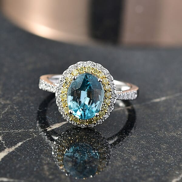 Luxoro AAA Cambodian Blue Zircon Natural Yellow And White Diamond I2 3.65 Ctw Sunlit Ocean Ring In 10K White Gold