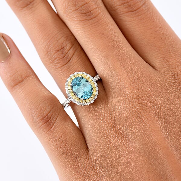 Luxoro AAA Cambodian Blue Zircon Natural Yellow And White Diamond I2 3.65 Ctw Sunlit Ocean Ring In 10K White Gold