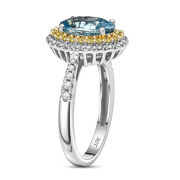 Luxoro AAA Cambodian Blue Zircon Natural Yellow And White Diamond I2 3.65 Ctw Sunlit Ocean Ring In 10K White Gold