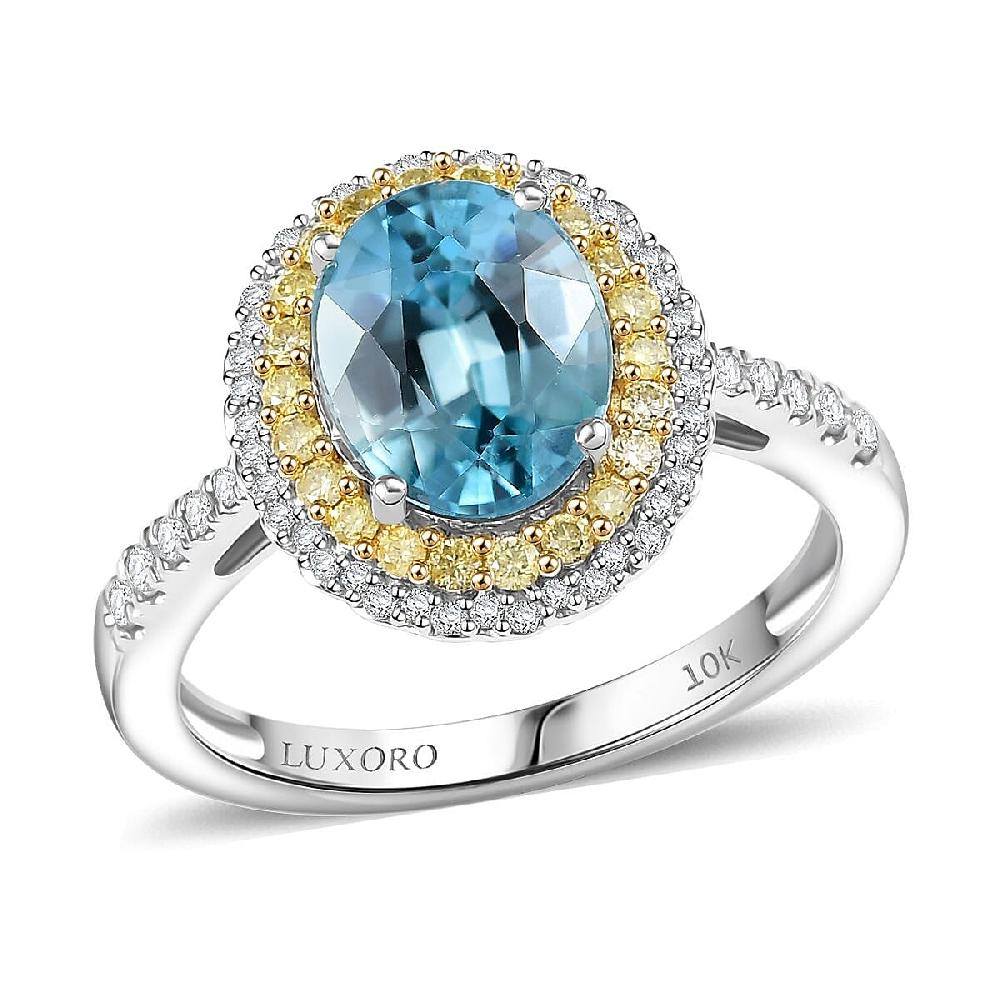 Luxoro AAA Cambodian Blue Zircon Natural Yellow and White Diamond I2 3.65 ctw Sunlit Ocean Ring in 10K White Gold