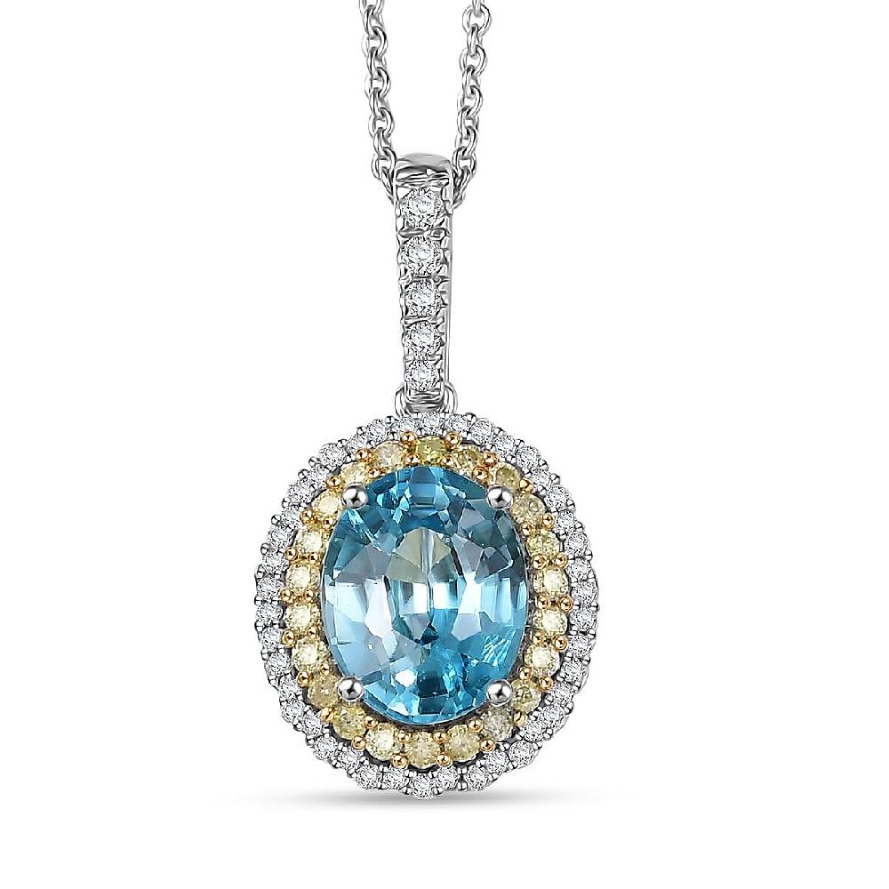 Luxoro AAA Cambodian Blue Zircon Natural Yellow And White Diamond I2 3.65 Ctw Sunlit Ocean Ring In 10K White Gold