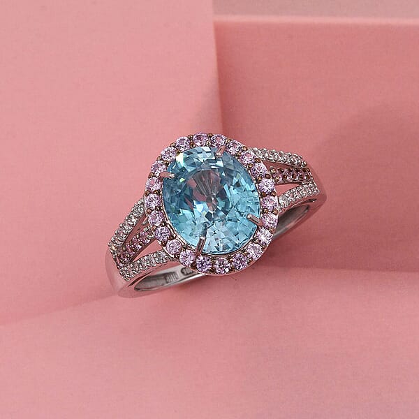 Luxoro AAA Cambodian Blue Zircon Pink Sapphire And G-H SI Diamond 6.15 Ctw Blue Rose Ring In 10K White Gold