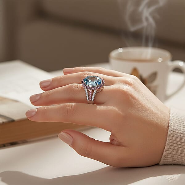 Luxoro AAA Cambodian Blue Zircon Pink Sapphire And G-H SI Diamond 6.15 Ctw Blue Rose Ring In 10K White Gold