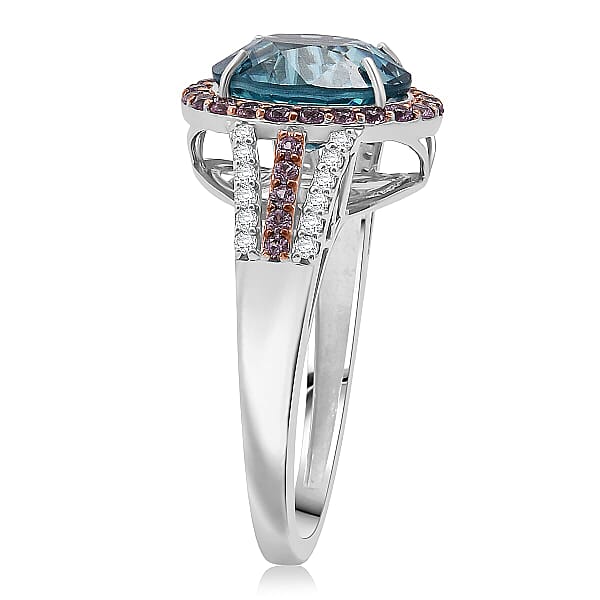Luxoro AAA Cambodian Blue Zircon Pink Sapphire And G-H SI Diamond 6.15 Ctw Blue Rose Ring In 10K White Gold
