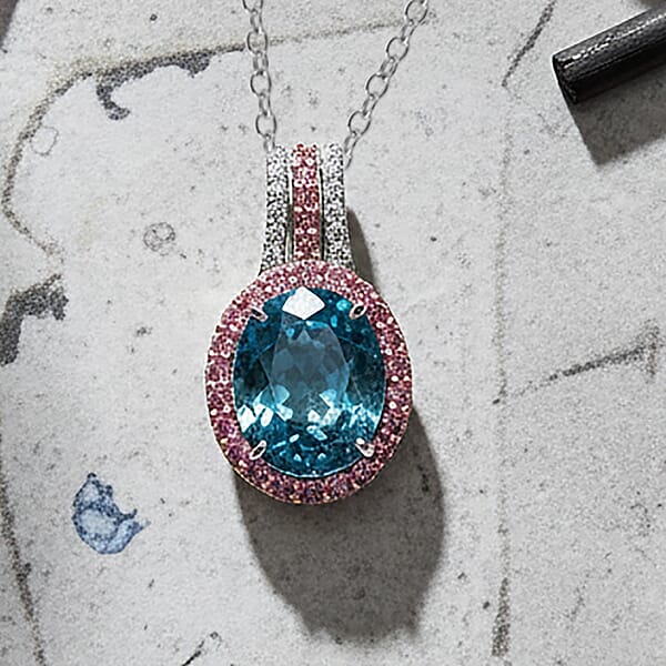 Luxoro AAA Cambodian Blue Zircon Pink Sapphire And G-H SI Diamond 6.00 Ctw Blue Rose Pendant Necklace In 10K White Gold 18 Inches