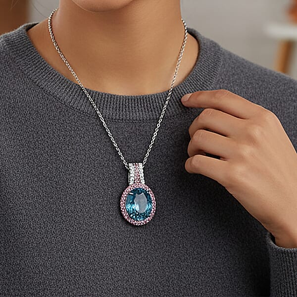 Luxoro AAA Cambodian Blue Zircon Pink Sapphire And G-H SI Diamond 6.00 Ctw Blue Rose Pendant Necklace In 10K White Gold 18 Inches