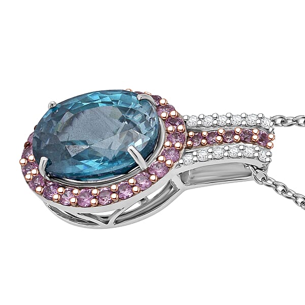 Luxoro AAA Cambodian Blue Zircon Pink Sapphire And G-H SI Diamond 6.00 Ctw Blue Rose Pendant Necklace In 10K White Gold 18 Inches