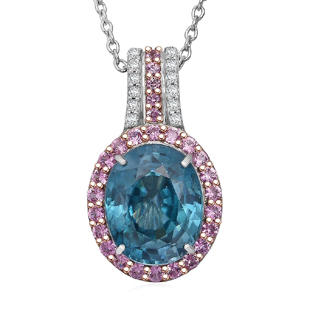 Luxoro AAA Cambodian Blue Zircon Pink Sapphire and G-H SI Diamond 6.00 ctw Blue Rose Pendant Necklace in 10K White Gold 18 Inches