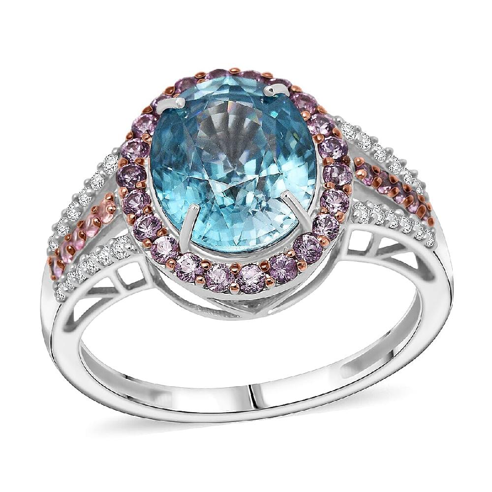 Luxoro AAA Cambodian Blue Zircon Pink Sapphire and G-H SI Diamond 6.15 ctw Blue Rose Ring in 10K White Gold