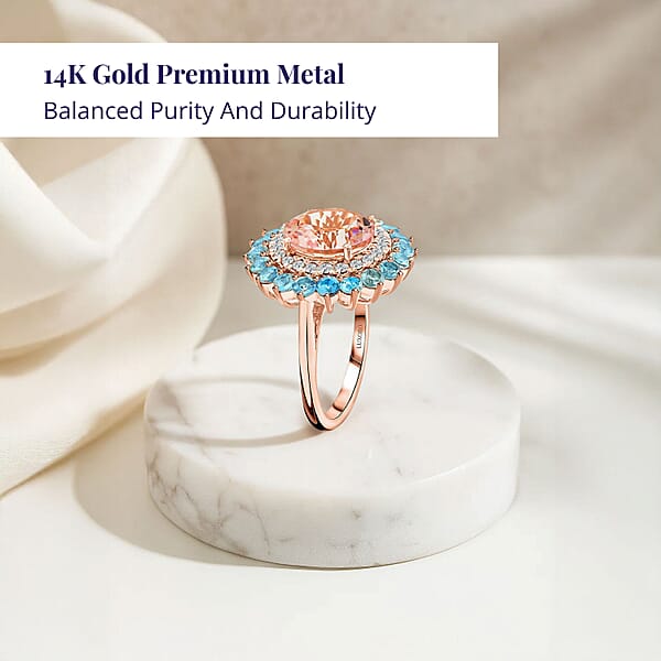 Luxoro AAA Celestial Morganite Santa Maria Aquamarine G-H I2 Diamond Floral Ring In 14K Rose Gold 5.15 Ctw