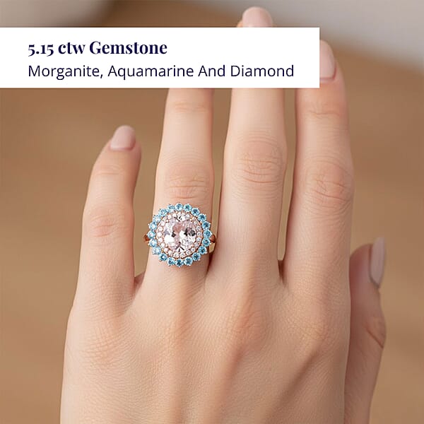 Luxoro AAA Celestial Morganite Santa Maria Aquamarine G-H I2 Diamond Floral Ring In 14K Rose Gold 5.15 Ctw