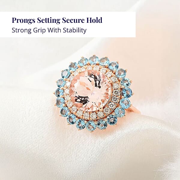 Luxoro AAA Celestial Morganite Santa Maria Aquamarine G-H I2 Diamond Floral Ring In 14K Rose Gold 5.15 Ctw