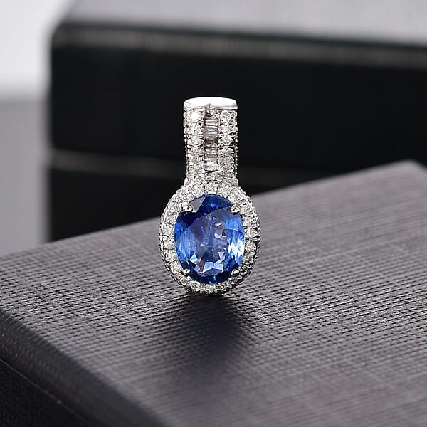 Luxoro AAA Ceylon Blue Sapphire And White Diamond I2 1.95 Ctw Halo Pendant Without Chain In 14K White Gold