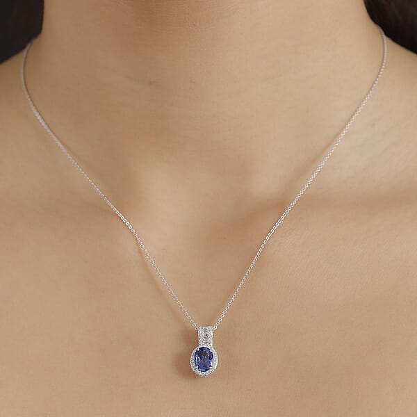 Luxoro AAA Ceylon Blue Sapphire And White Diamond I2 1.95 Ctw Halo Pendant Without Chain In 14K White Gold