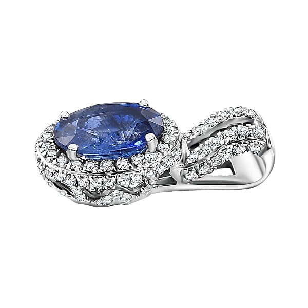 Luxoro AAA Ceylon Blue Sapphire And White Diamond I2 1.95 Ctw Halo Pendant Without Chain In 14K White Gold