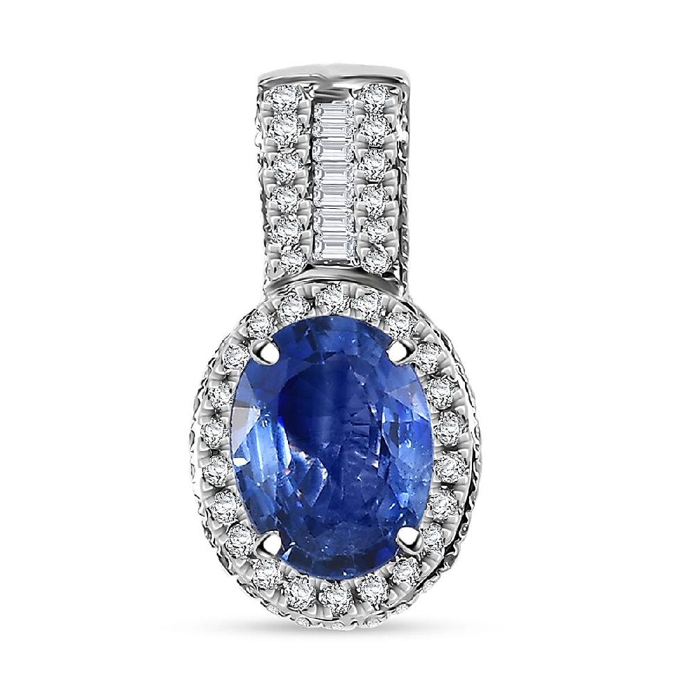 Luxoro AAA Ceylon Blue Sapphire and White Diamond I2 1.95 ctw Halo Pendant without Chain in 14K White Gold