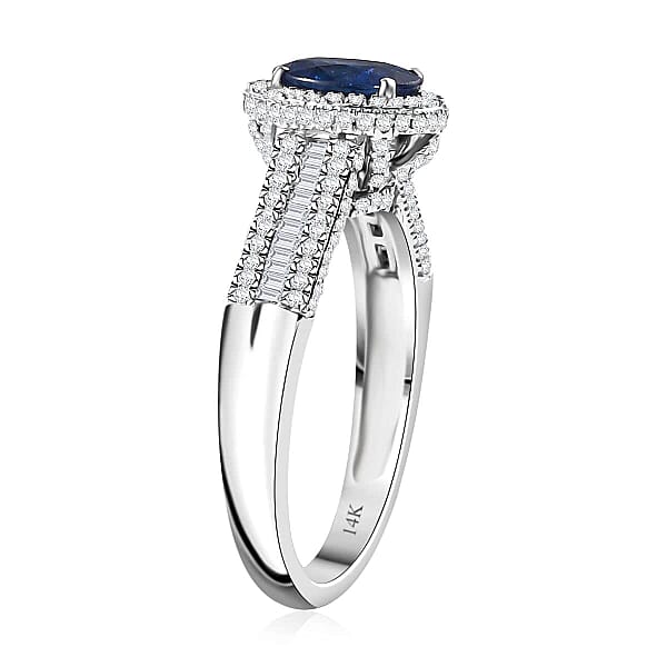 Luxoro AAA Ceylon Blue Sapphire Diamond Halo Ring In 14K White Gold 2.30 Ctw
