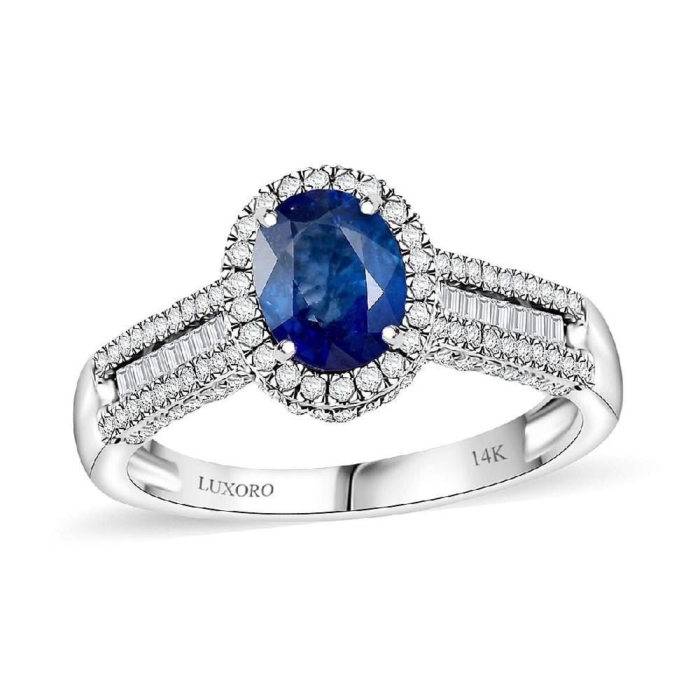 Luxoro AAA Ceylon Blue Sapphire Diamond Halo Ring in 14K White Gold 2.30 ctw