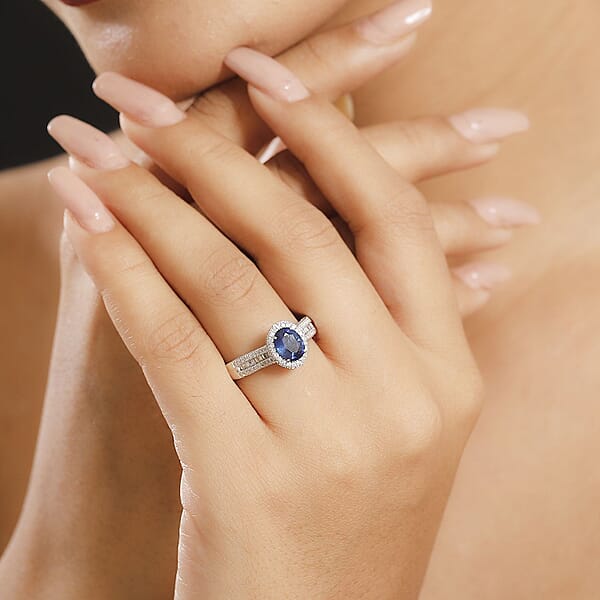 Luxoro AAA Ceylon Blue Sapphire Diamond Halo Ring In 14K White Gold 2.30 Ctw