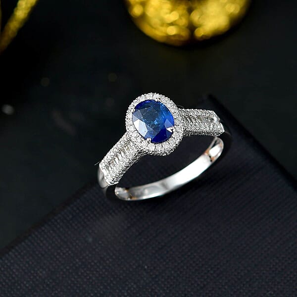 Luxoro AAA Ceylon Blue Sapphire Diamond Halo Ring In 14K White Gold 2.30 Ctw