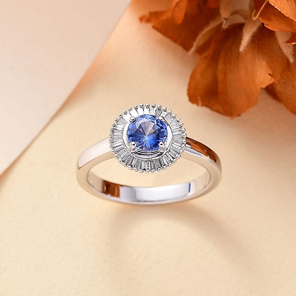 Luxoro AAA Ceylon Blue Sapphire Diamond Halo Ring In 14K White Gold 1.02 Ctw
