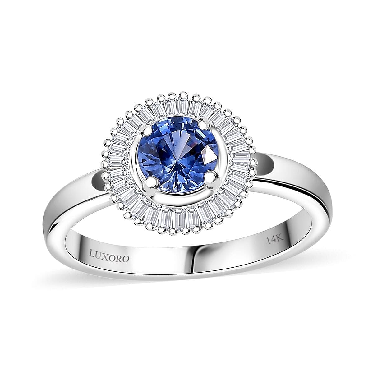 Luxoro AAA Ceylon Blue Sapphire Diamond Halo Ring in 14K White Gold 1.02 ctw