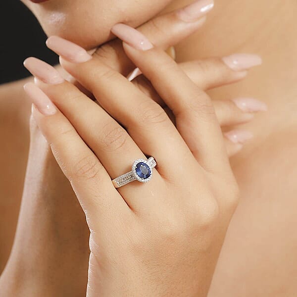 Luxoro AAA Ceylon Blue Sapphire Diamond Halo Ring In 14K White Gold 2.30 Ctw