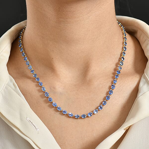 Luxoro AAA Ceylon Blue Sapphire Tennis Necklace In 10K Yellow Gold 25.40 Ctw (18 Inches)