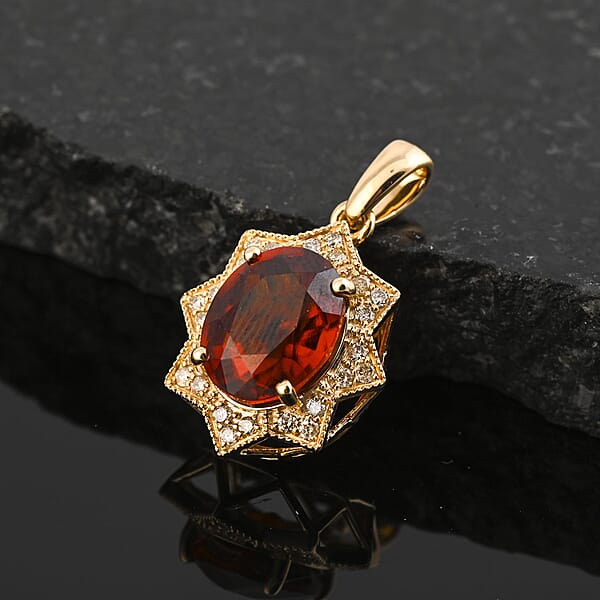 Luxoro AAA Ceylon Honey Garnet And G-H I2 Diamond 3.85 Ctw Pendant Without Chain In 10K Yellow Gold