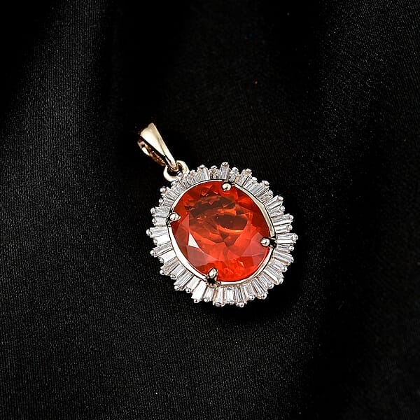 Luxoro AAA Crimson Fire Opal And Diamond G-H I2 3.50 Ctw Scarlet Sunburst Pendant Without Chain In 14K Yellow Gold