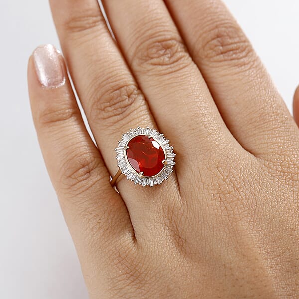 Luxoro AAA Crimson Fire Opal And G-H I2 Diamond 3.62 Ctw Scarlet Sunburst Ring In 14K Yellow Gold