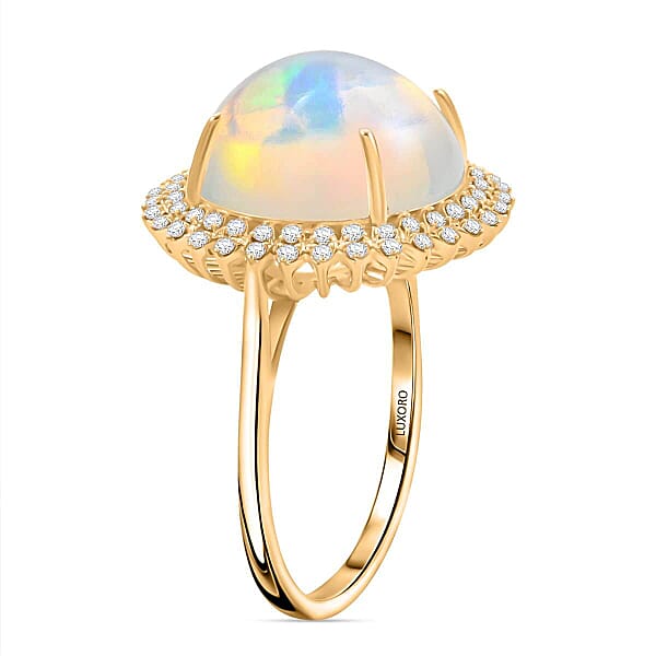 Luxoro AAA Ethiopian Welo Opal And G-H I2 Diamond 8.10 Ctw Ring In 14K Yellow Gold 5.10 Grams