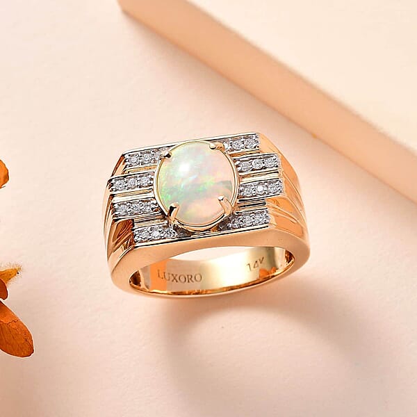 Luxoro AAA Ethiopian Welo Opal And G-H I2 Diamond 2.25 Ctw Ring In 14K Yellow Gold 14.60 Grams