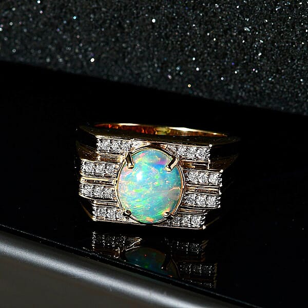 Luxoro AAA Ethiopian Welo Opal And G-H I2 Diamond 2.25 Ctw Ring In 14K Yellow Gold 14.60 Grams