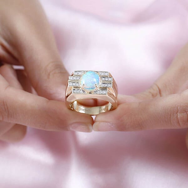Luxoro AAA Ethiopian Welo Opal And G-H I2 Diamond 2.25 Ctw Ring In 14K Yellow Gold 14.60 Grams