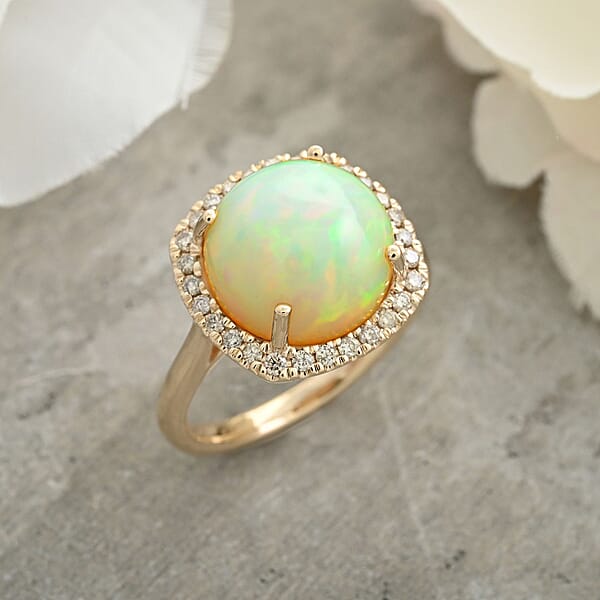 Luxoro AAA Ethiopian Welo Opal And G-H I2 Diamond 4.85 Ctw Ring In 10K Yellow Gold 4 Grams