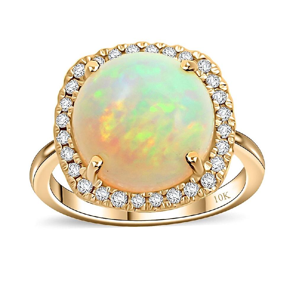 Luxoro AAA Ethiopian Welo Opal and G-H I2 Diamond 4.85 ctw Ring in 10K Yellow Gold 4 Grams