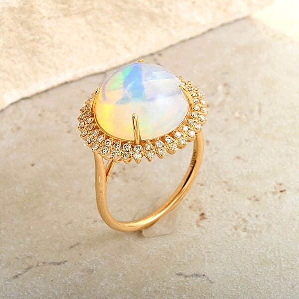 Luxoro AAA Ethiopian Welo Opal And G-H I2 Diamond 8.10 Ctw Ring In 14K Yellow Gold 5.10 Grams