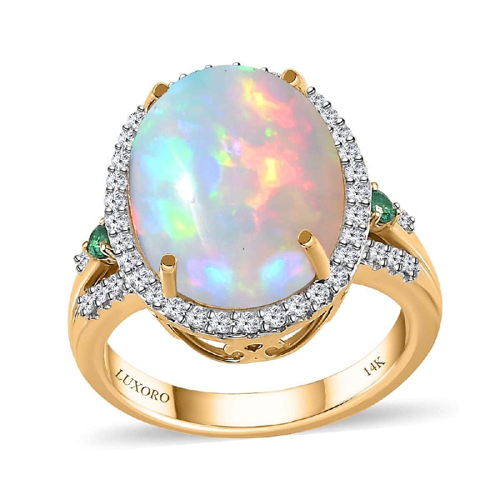 Luxoro AAA Ethiopian Welo Opal Boyaca Colombian Emerald and G-H I2 Diamond 6.50 ctw Ring in 14K Yellow Gold 5.90 Grams