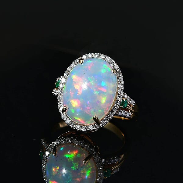 Luxoro AAA Ethiopian Welo Opal Boyaca Colombian Emerald And G-H I2 Diamond 6.50 Ctw Ring In 14K Yellow Gold 5.90 Grams