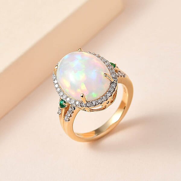 Luxoro AAA Ethiopian Welo Opal Boyaca Colombian Emerald And G-H I2 Diamond 6.50 Ctw Ring In 14K Yellow Gold 5.90 Grams