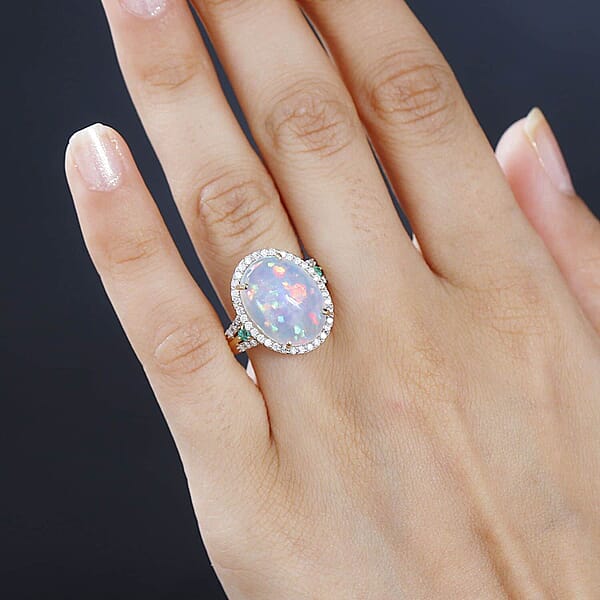 Luxoro AAA Ethiopian Welo Opal Boyaca Colombian Emerald And G-H I2 Diamond 6.50 Ctw Ring In 14K Yellow Gold 5.90 Grams