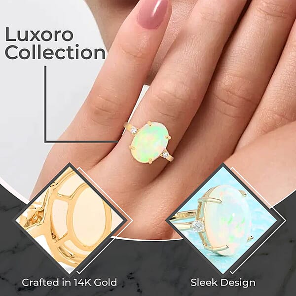 Luxoro AAA Ethiopian Welo Opal Ring Certified & Appraised Opal Ring Diamond Accent Ring 14K Yellow Gold Ring Opal Three Stone Ring Wedding Rings 3.60 Ctw