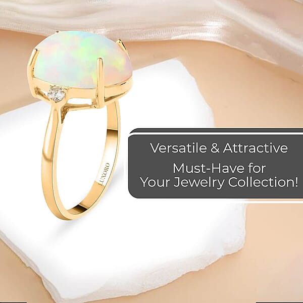 Luxoro AAA Ethiopian Welo Opal Ring Certified & Appraised Opal Ring Diamond Accent Ring 14K Yellow Gold Ring Opal Three Stone Ring Wedding Rings 3.60 Ctw