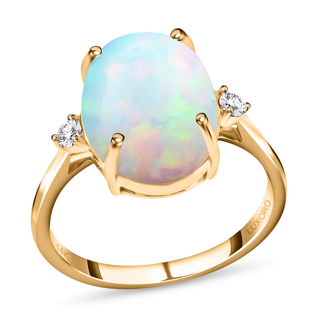 Luxoro AAA Ethiopian Welo Opal Ring Certified & Appraised Opal Ring Diamond Accent Ring 14K Yellow Gold Ring Opal Three Stone Ring Wedding Rings 3.60 Ctw